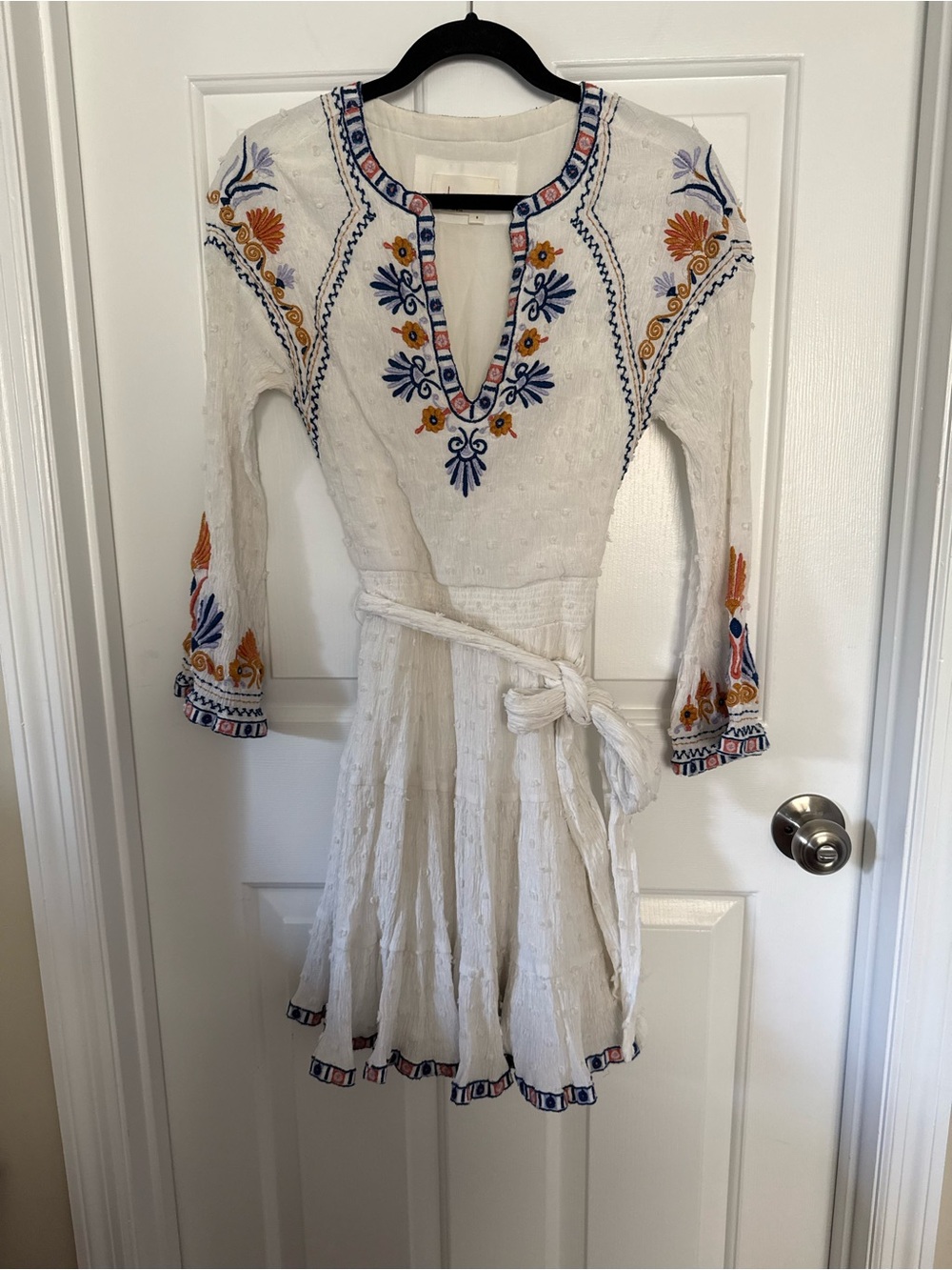 By Anthropologie White Swiss Dot Embroidered Mini Dress Tie Waist Small